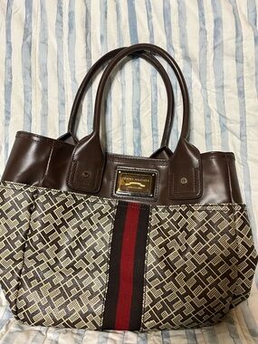 Tommy Hilfiger Brown & Red Canvas Logo Tote